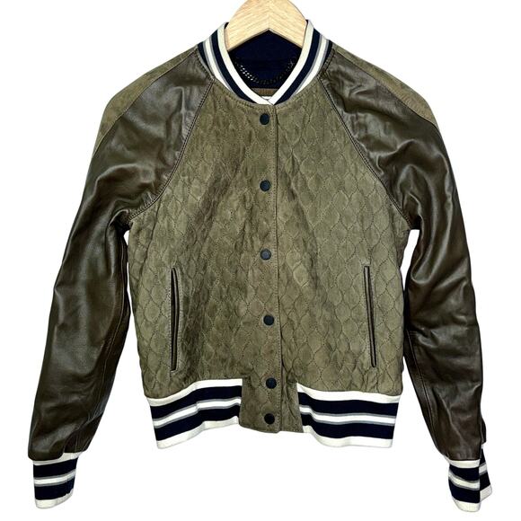 Abercrombie & Fitch Green Quilted Lamb Leather Varsity Bomber Jacket Womens Sz S - Picture 1 of 6